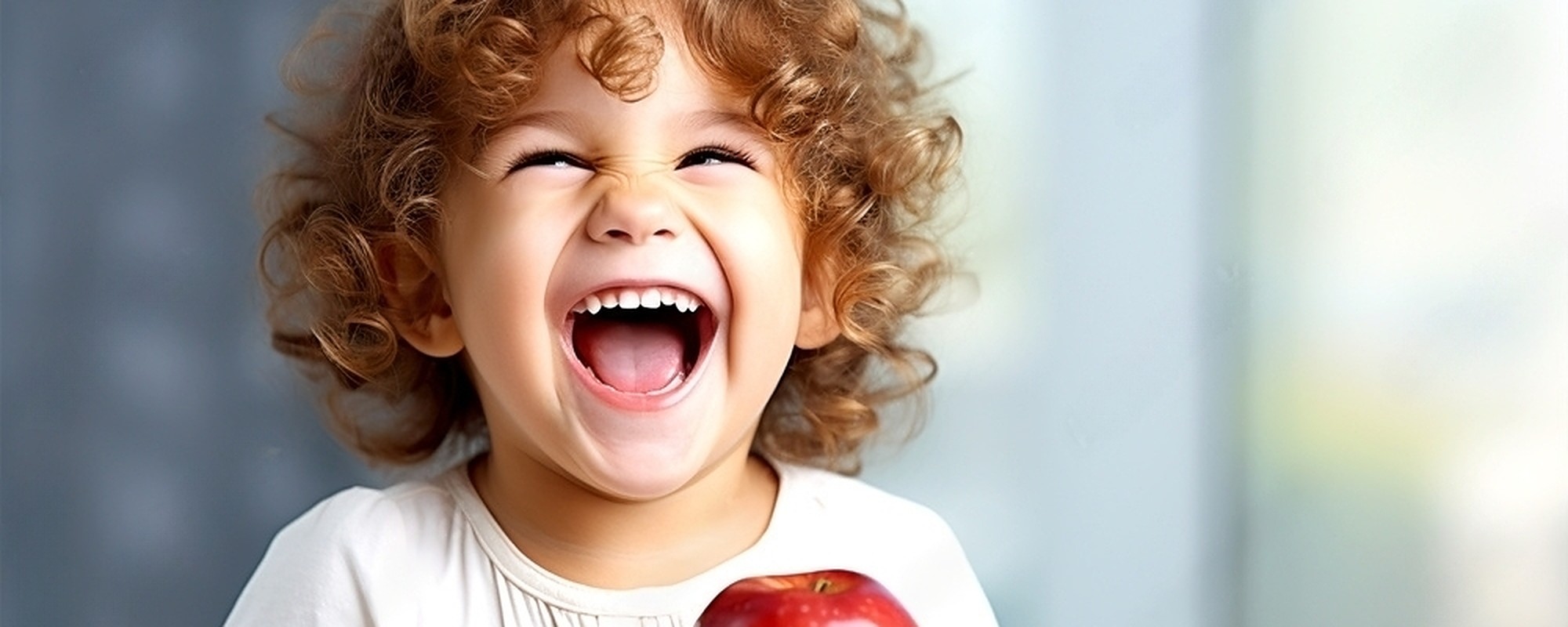 uśmiechnięte dziecko trzymające w rękach jabłko